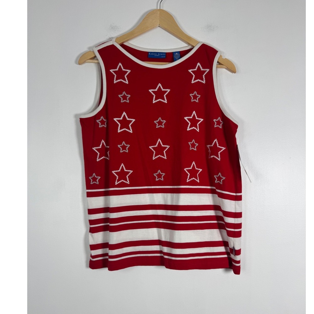 Patriotic Karen Scott Sport Women PL Tank Top Red White Stars Stripes Rhinestone